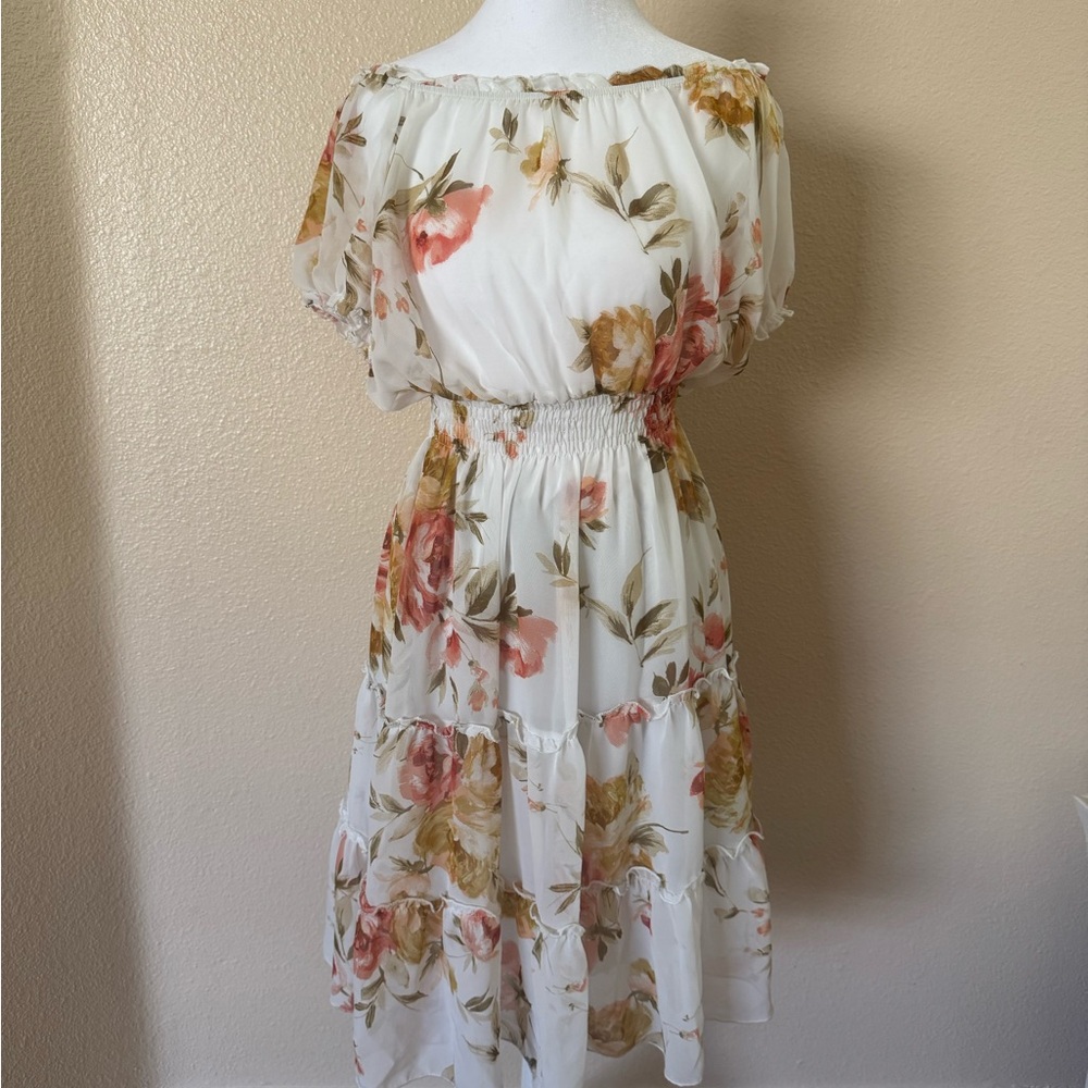Floral Off-Shoulder Midi Dress in Ivory with Pink & Green Blooms